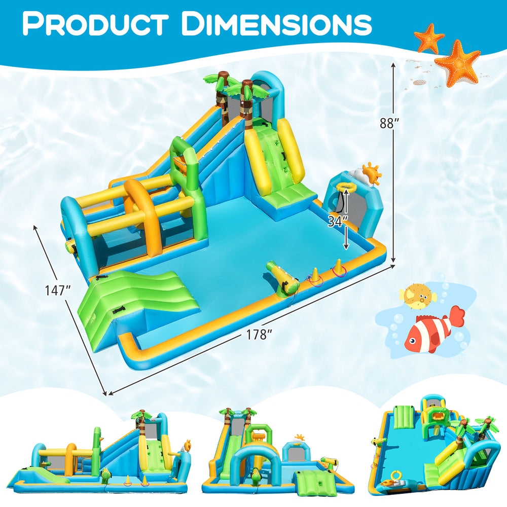 Inflatable water slide with dual slides, splash pool, and fun obstacles, perfect for outdoor parties and family.