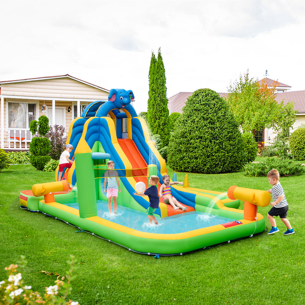 Colorful inflatable water slide with splash pool and climbing wall, perfect for outdoor summer fun and kids' activities.