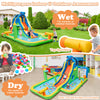 Inflatable water slide with splash pool and climbing wall, made of durable Oxford and PVC fabric, for summer fun.