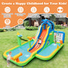 Inflatable water slide with splash pool, climbing wall, and dual water cannons for outdoor summer fun.