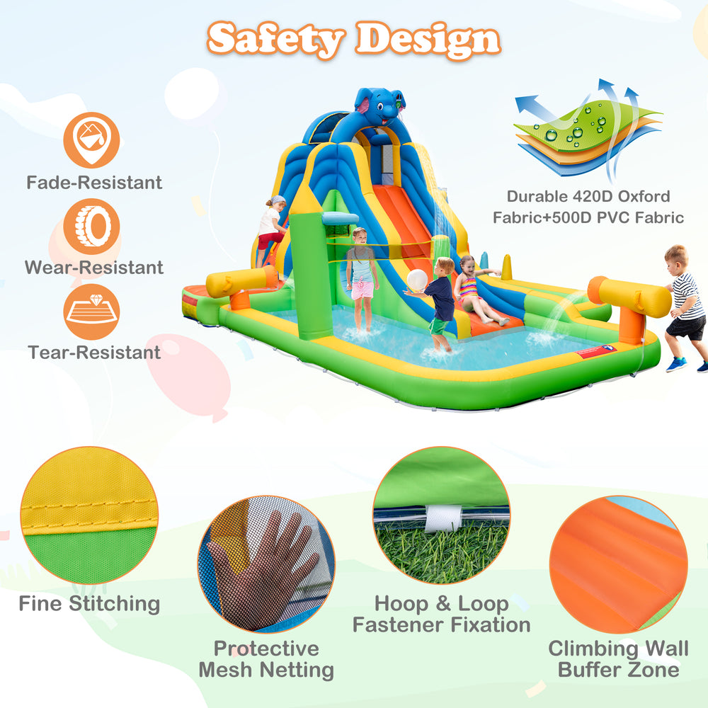 Inflatable water slide with splash pool, climbing wall, and dual water cannons, crafted from durable Oxford and PVC.