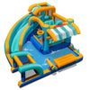 Colorful inflatable water slide bounce house with pool, slide, and snack counter for kids' outdoor fun.