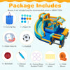Inflatable water slide bounce house with snack counter, includes basketball, football, and ring-toss games for kids.