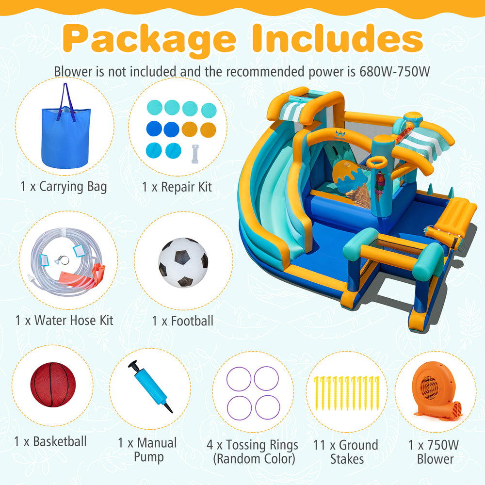 Inflatable water slide bounce house with snack counter, includes basketball, football, and ring-toss games for kids.