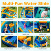 Inflatable water slide bounce house featuring a climbing wall, splash pool, and various games for kids' outdoor fun.