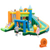 Colorful inflatable water slide with dual slides, splash pool, and kids playing for outdoor summer fun.