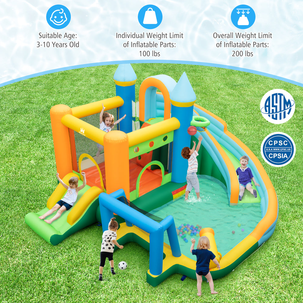 Inflatable water slide with dual slides, splash pool, and climbing wall for kids' outdoor fun and summer activities.