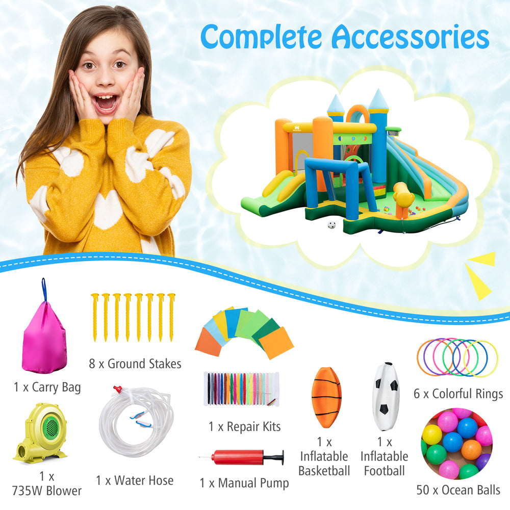 Inflatable water slide with dual slides, splash pool, and 735W blower, perfect for summer fun and outdoor play.