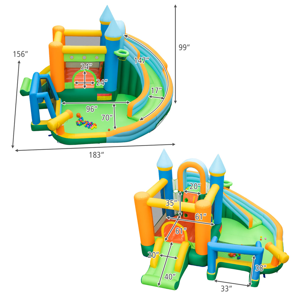 Inflatable water slide with dual slides, splash pool, and colorful accessories for outdoor summer fun.