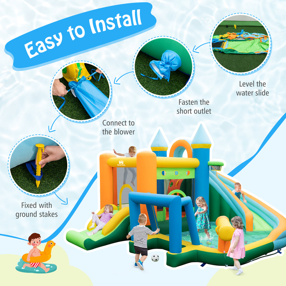 Inflatable water slide bounce house with dual slides, splash pool, and colorful accessories for outdoor fun.