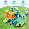 Colorful inflatable water slide bounce house with dual slides, splash pool, and sports features for kids' outdoor fun.
