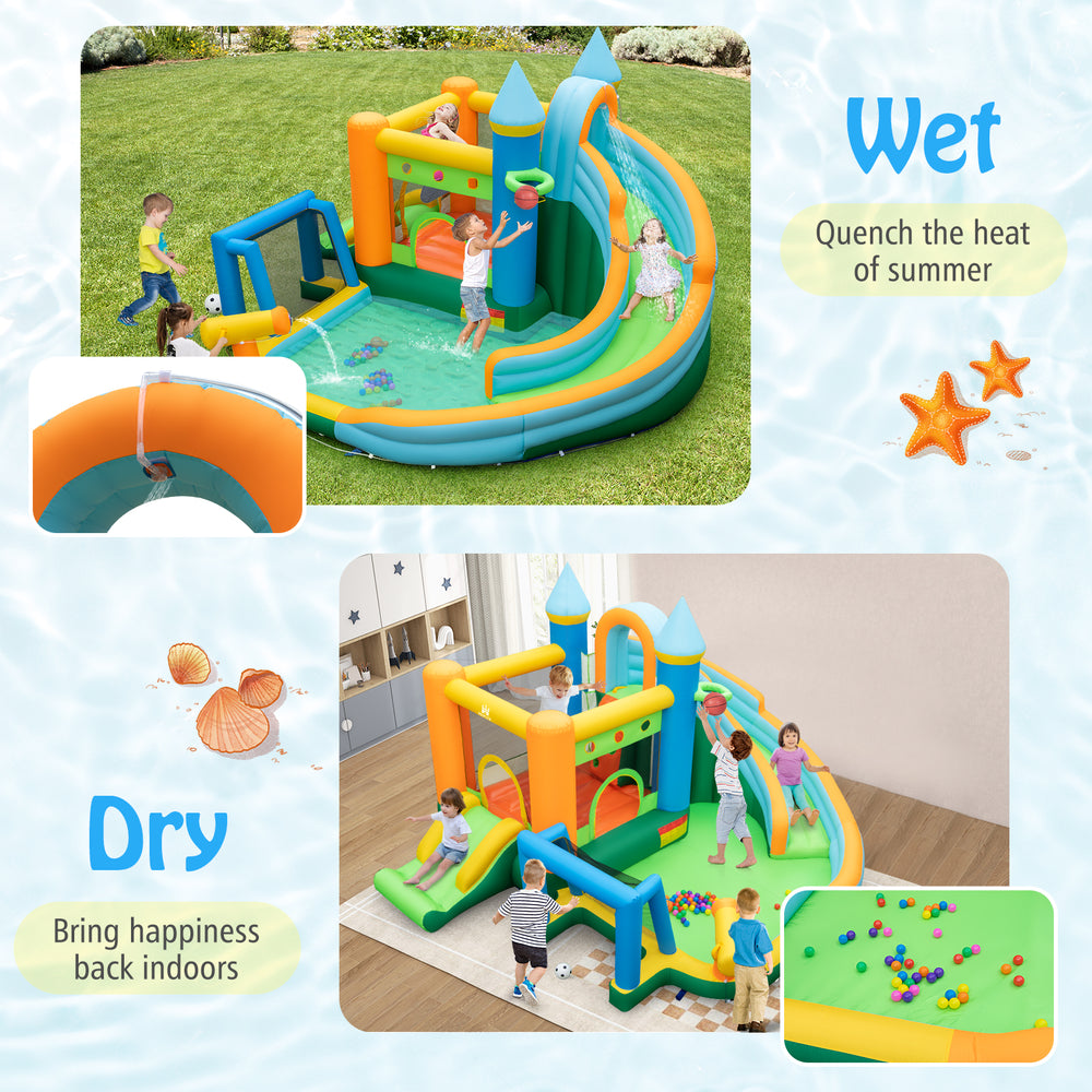 Inflatable water slide bounce house featuring a climbing wall and protective mesh walls for safe indoor and outdoor.