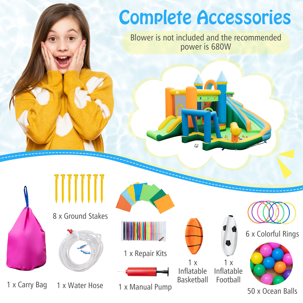 Inflatable water slide bounce house with dual slides, splash pool, and colorful accessories for summer fun.