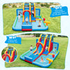 Inflatable water slide park with long slide, splash pools, and ball pit for year-round fun in backyard or parties.