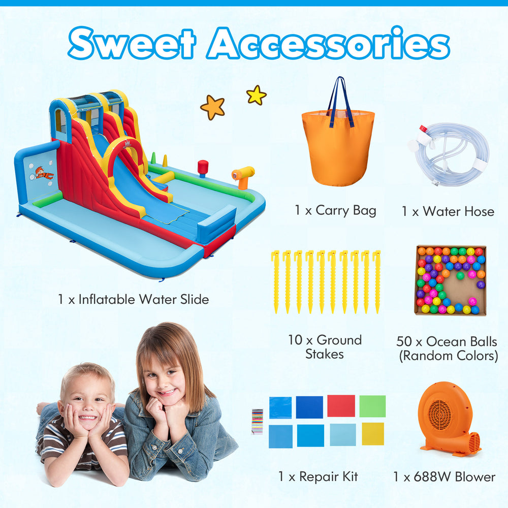 Inflatable water slide park with long slide, splash pools, and ball pit, includes 680W blower and accessories for.