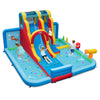 Inflatable water slide park featuring a long slide, splash pools, and ball pit, perfect for summer fun and backyard.
