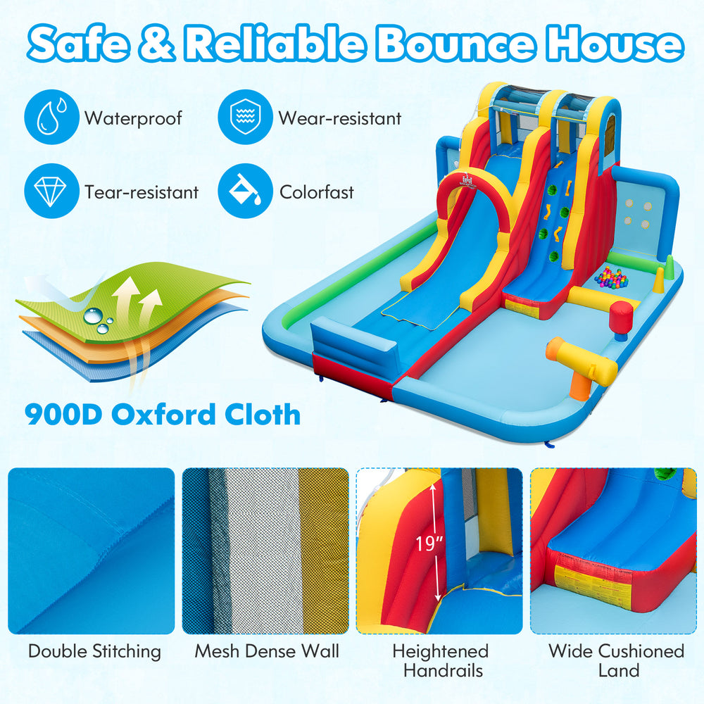 Inflatable water slide park featuring a long slide, splash pools, and ball pit, made from durable 900D Oxford cloth.