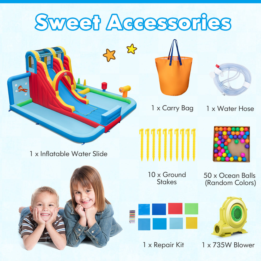 Inflatable water slide park with splash pools, climbing wall, and 735W blower, perfect for summer fun in the backyard.