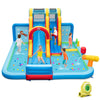 Inflatable water slide park featuring a long slide, splash pools, and ball pit, perfect for summer fun and backyard.