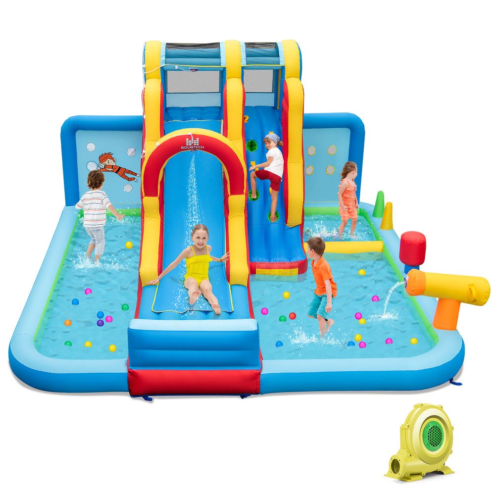 Inflatable water slide park featuring a long slide, splash pools, and ball pit, perfect for summer fun and backyard.