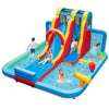 Inflatable water slide park featuring long slide, splash pools, and ball pit for summer fun in the backyard.