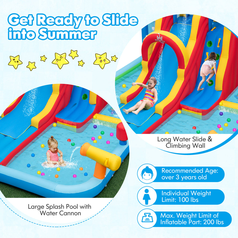 Inflatable water slide park featuring a long slide, splash pool, and ball pit for summer fun and safe play.