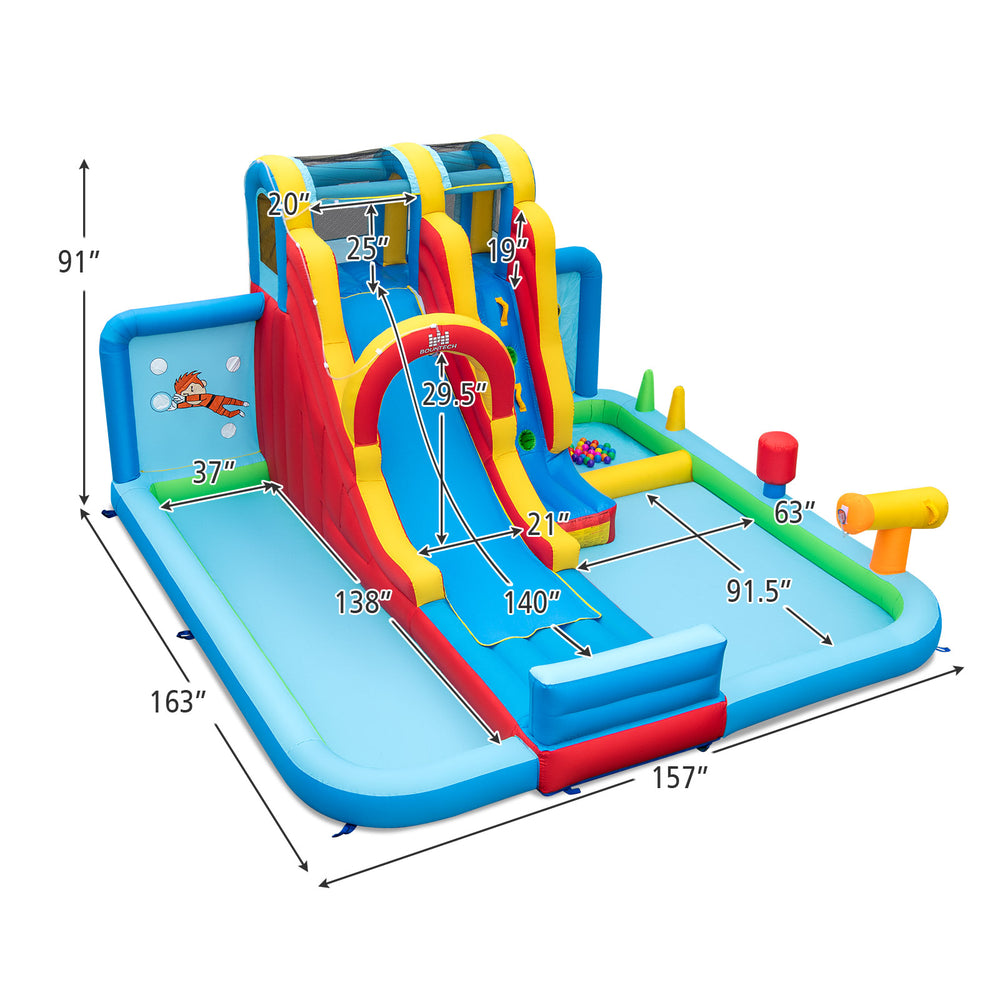 Inflatable water slide park dimensions showing a long slide, splash pools, and ball pit for safe summer enjoyment.