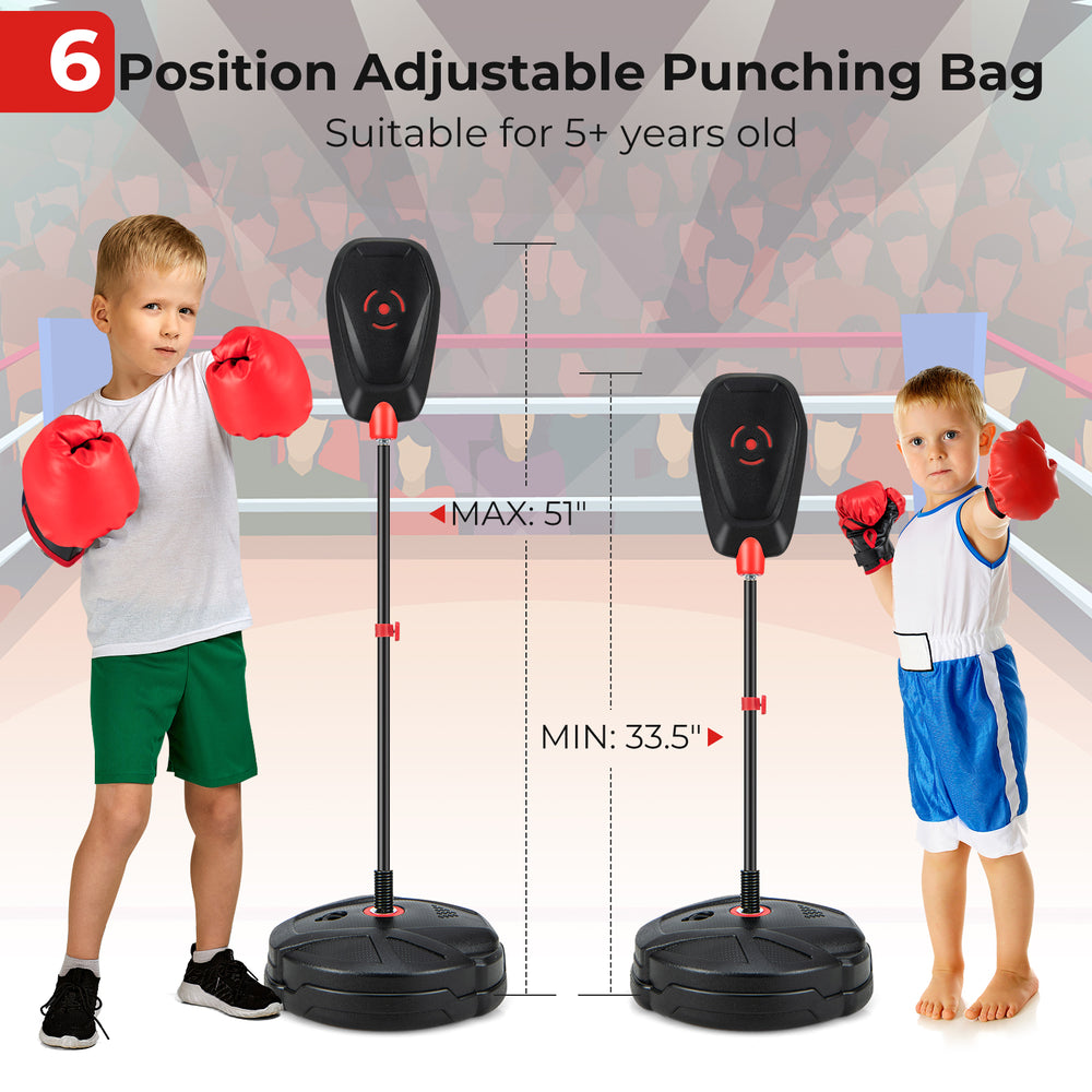 Adjustable punching bag for kids aged 5+, featuring a quick rebound design and height settings from 33.5" to 51".