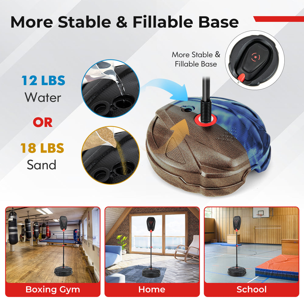 Inflation-free punching bag base designed for stability, fillable with 12 lbs of water or 18 lbs of sand for kids'.