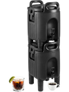 Stacked insulated beverage dispensers in black, featuring ergonomic handles and drip-proof faucets for easy serving.