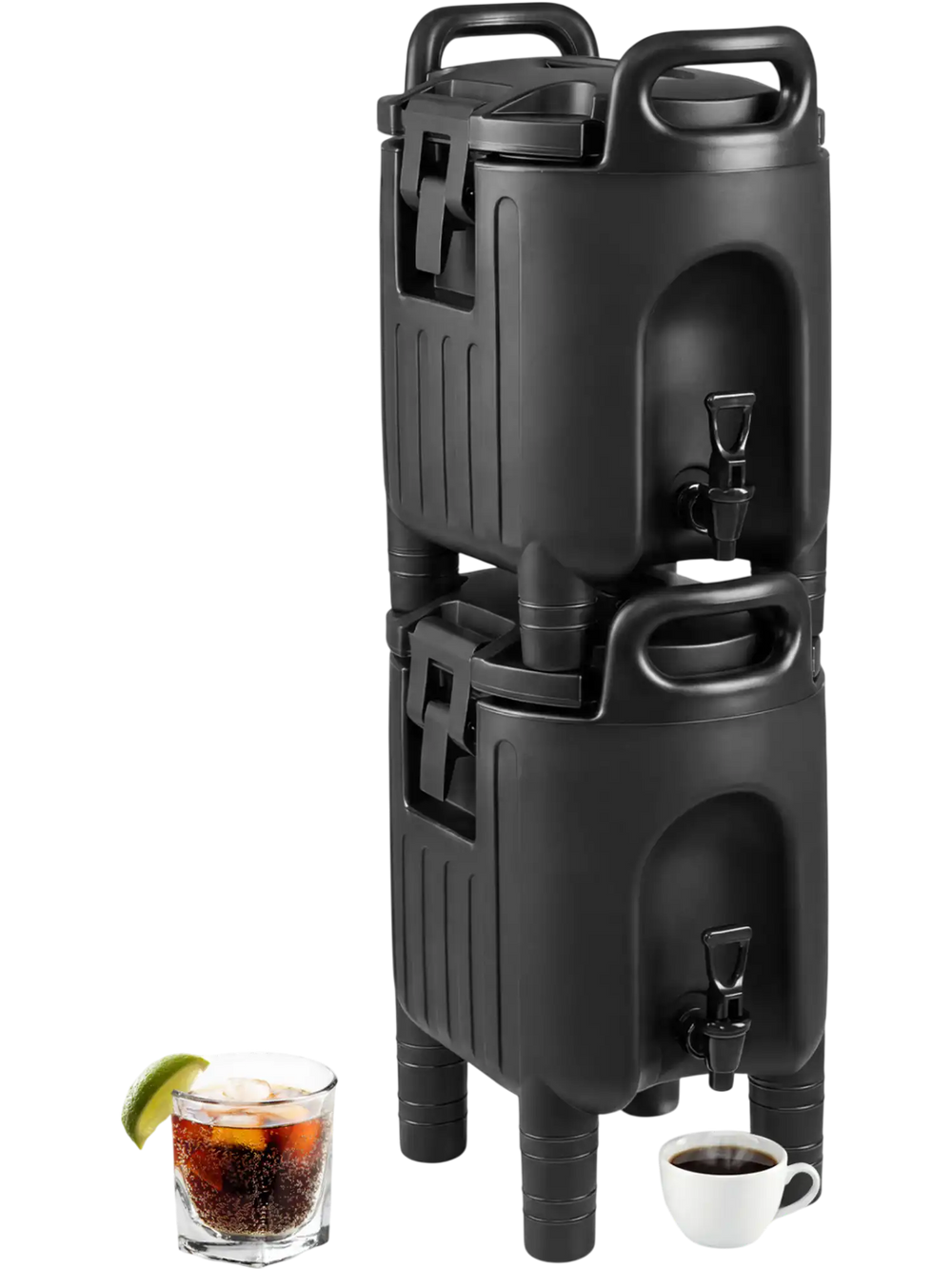 Stacked insulated beverage dispensers in black, featuring ergonomic handles and drip-proof faucets for easy serving.