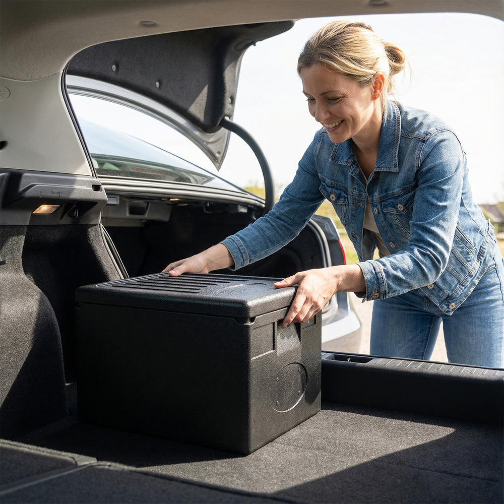 Insulated food pan carrier with built-in handles, 49-quart capacity, ideal for catering and outdoor events.