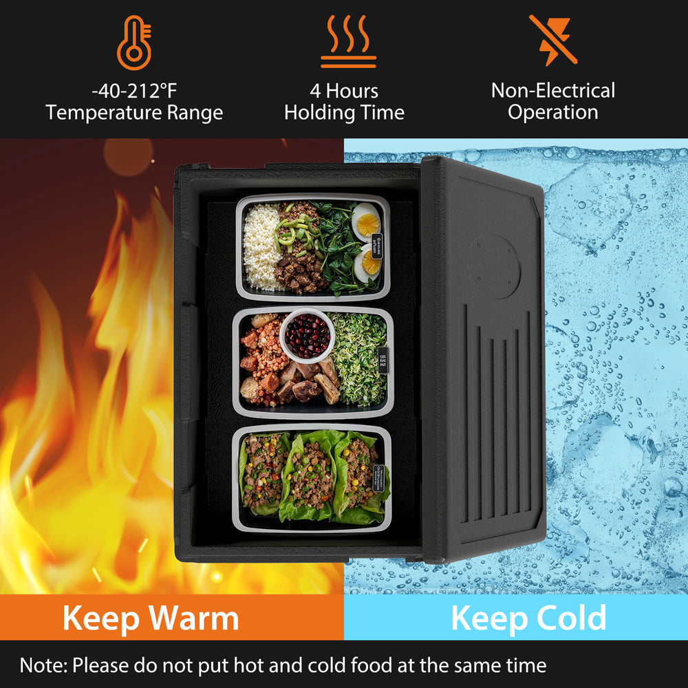 Top view of the 49 Qt insulated food pan carrier with three compartments, ideal for catering and outdoor events.