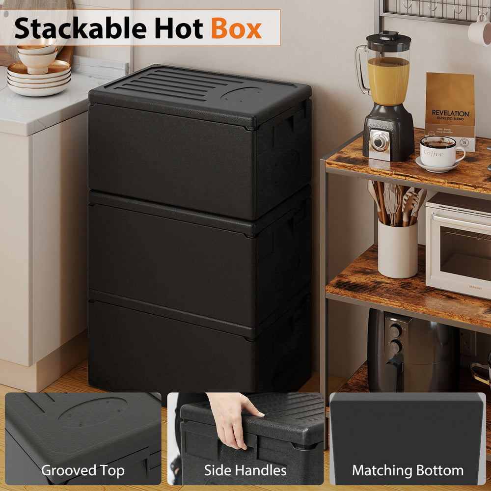 Stackable insulated food pan carrier with built-in handles, 49-quart capacity, ideal for catering and outdoor events.