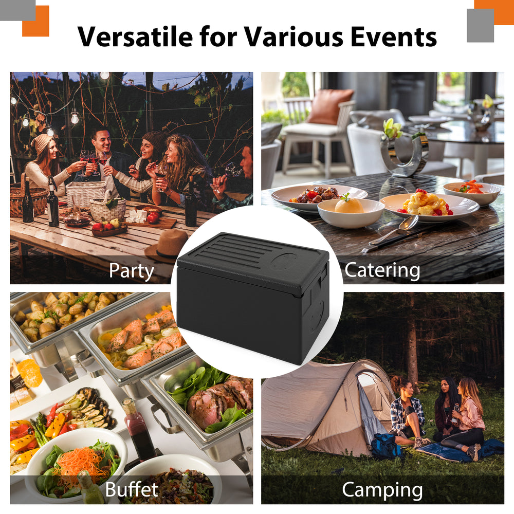 Insulated food pan carrier with built-in handles, 49-quart capacity, ideal for catering, camping, and buffets.