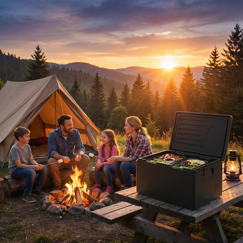 Insulated food pan carrier with built-in handles, 49-quart capacity, ideal for camping and catering.