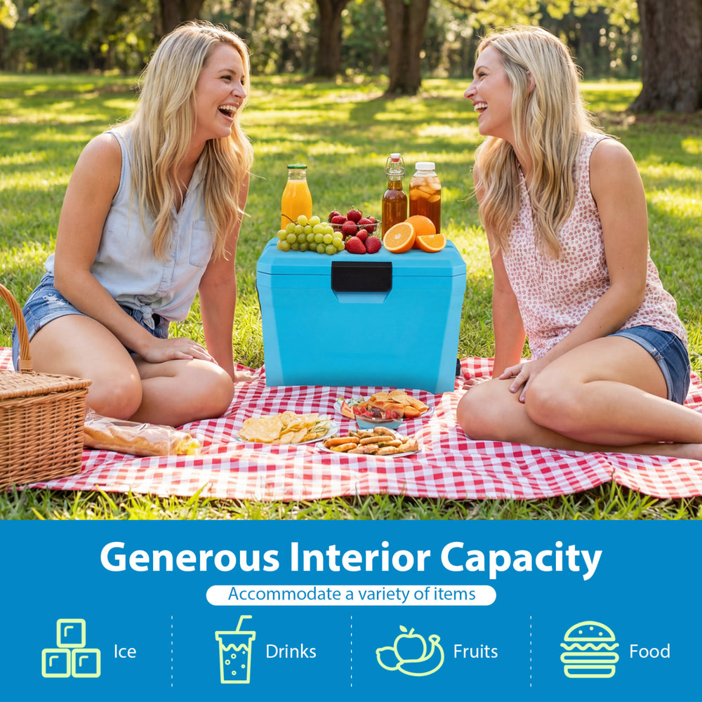 Insulated portable cooler in blue with spacious interior, cup holders, and safety buckle, perfect for outdoor.