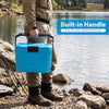 Insulated portable cooler in blue with built-in handle, perfect for outdoor activities like camping and fishing.