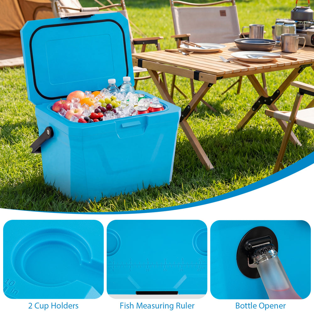 Insulated portable cooler in blue with 2 cup holders, measuring ruler, and bottle opener for outdoor activities.