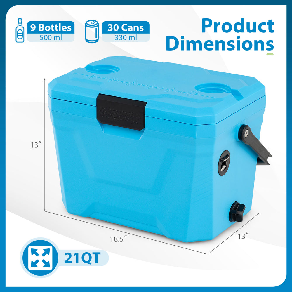 Insulated portable cooler in blue with 21QT capacity, featuring cup holders and a user-friendly handle for outdoor.