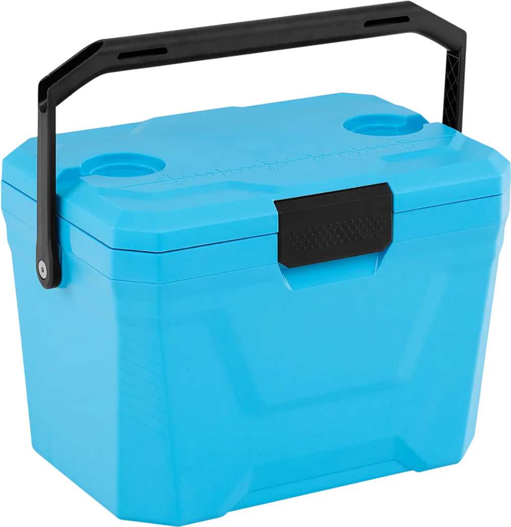 Blue insulated portable cooler with cup holders, triple-layer insulation, and user-friendly handle for outdoor.