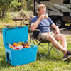Bright blue insulated portable cooler with cup holders, perfect for camping and outdoor activities, shown with drinks.
