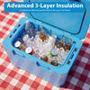Blue insulated portable cooler with triple-layer insulation, cup holders, and bottle opener for outdoor activities.