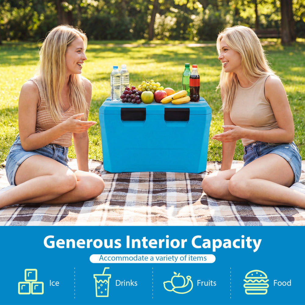 Insulated portable cooler in blue with generous capacity, cup holders, and bottle opener, ideal for outdoor activities.