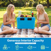 Insulated portable cooler in blue with generous capacity, cup holders, and bottle opener, ideal for outdoor activities.