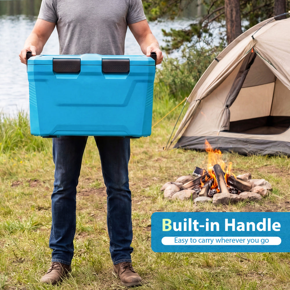 Insulated portable cooler in blue with built-in handle, perfect for camping and outdoor activities, featuring cup.