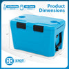 Insulated portable cooler in blue, 37QT capacity, featuring cup holders, bottle opener, and drain plug for outdoor use.