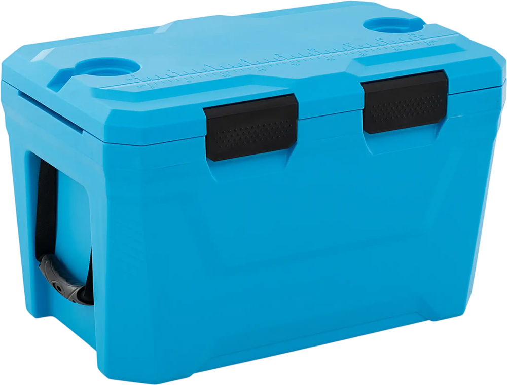 Blue insulated portable cooler with cup holders and bottle opener, designed for outdoor activities and ice retention up.