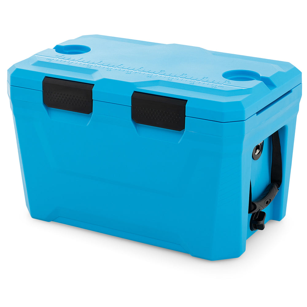 Insulated portable cooler in blue with cup holders, bottle opener, and drain plug, perfect for camping and outdoor.