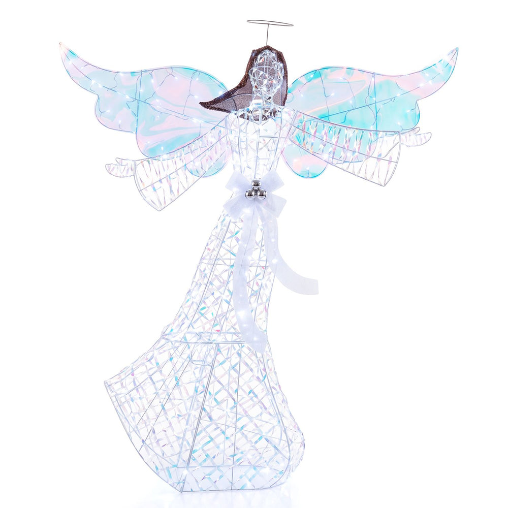 Iridescent 5.2 ft Christmas angel decoration with 230 cold white LEDs, perfect for indoor or outdoor holiday displays.